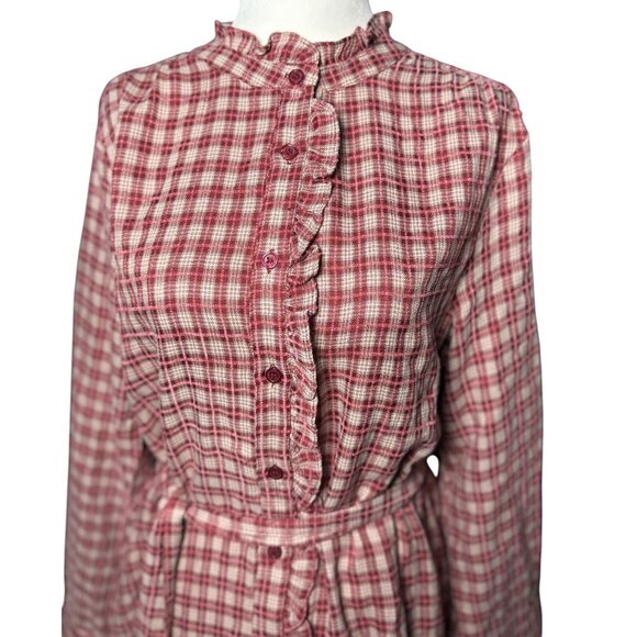NEW Hem & Thread Womens M Plaid Shirtdress Ruffle Pink White Botton Long Sleeve - Picture 3 of 15